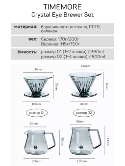 Набор для кофе Timemore Crystal Eye Brewer Set 70TGB018AA006 воронка 02 прозрачная + сервер 600 мл 12