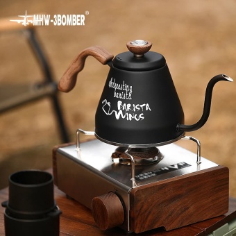 Чайник с термомтером MHW-3BOMBER из нержавеющей стали, черный с деревянной ручкой, 600 мл,